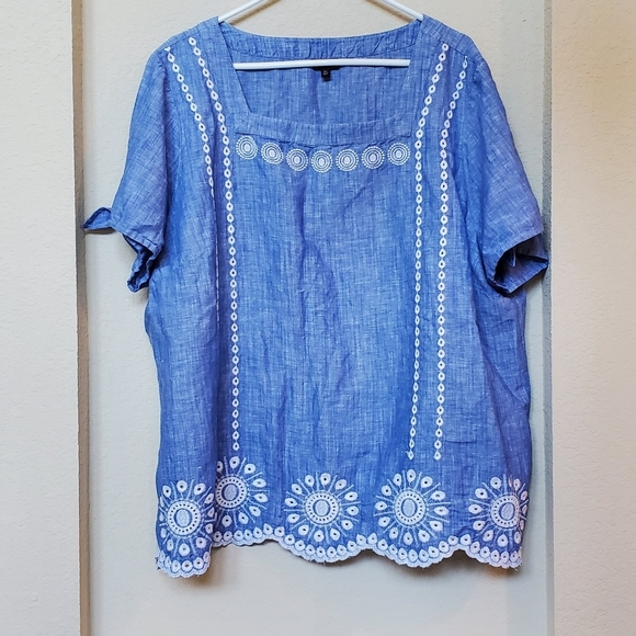 Talbots Tops - Talbots Blue Top with White Embroidery and Square Neck.  Size 3x